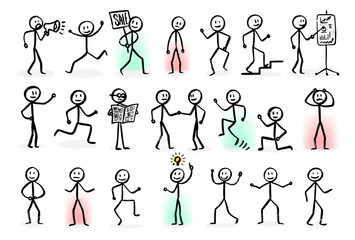 Set of man drawing, different poses, stick figure people pictogram. Freehand drawing figure man contour. Hand drawing Cartoon. Vector illustration painted with a brush. Isolated on white background