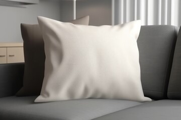 A blank white pillow mockup on a gray couch in a modern, minimalist living room setting. The soft textures of the pillow and couch contrast with the clean lines of the furniture and the neutral