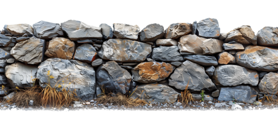 A high-resolution image of an eroded stone wall covered with patches of orange lichen Isolated on Transparent Background.