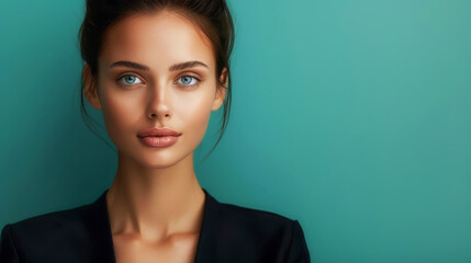 Professional woman with focused expression, solid turquoise background, high resolution, hyperrealistic photo, Portrait business style