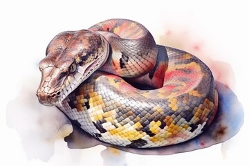 Obraz premium Watercolor painting of a python coiled on a white background. The artwork captures the intricate patterns and vibrant colors of the python's scales, blending shades of brown, yellow, and orange