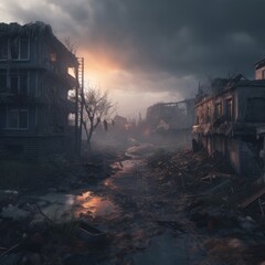 A post-apocalyptic scene depicting a desolate and abandoned urban street at dusk. The atmosphere is filled with a sense of decay and destruction, with derelict buildings, a muddy path, and overgrown