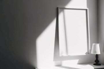 Empty picture frame leaning against a wall, illuminated by sunlight streaming through a window. A small black side table with a lamp sits next to the frame. The minimalistic setting emphasizes