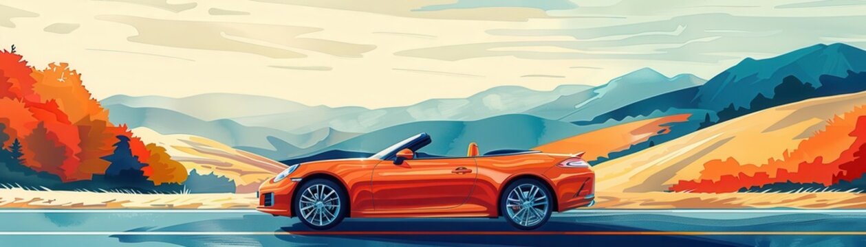 convertible highway adventure flat design side view scenic drive watercolor complementary color scheme