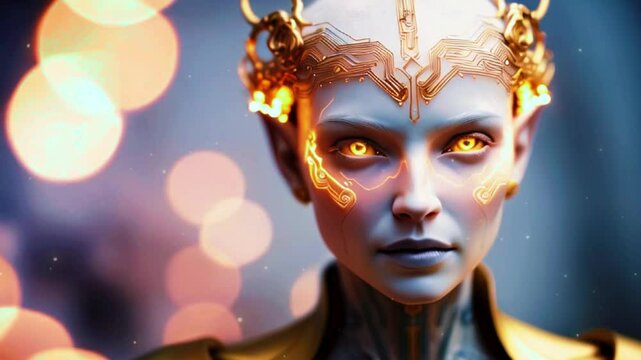 Futuristic Otherworldly Character with Pale Metallic Skin and Glowing Golden Eyes Amidst Warm Bokeh Lights