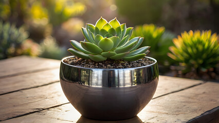 An iron pot with succulent on a wooden table in the garden