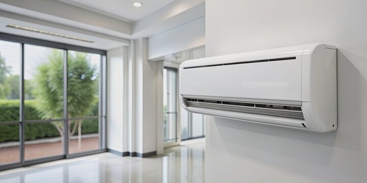 Modern mini split heat pump air conditioning unit mounted on a white wall, with sleek design and digital display, indoors, against a blurred background.