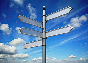 Directional signpost stands alone against a clear blue sky, its four bold arrows pointing in distinct directions, conveying a sense of choice and decision making.