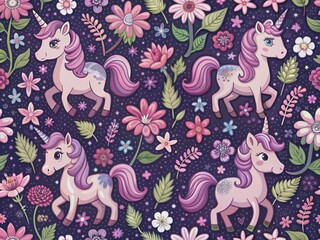Whimsical seamless pattern featuring cute cartoon magic pink unicorns, lilac flowers, and ponies on a dark background, perfect for nursery design and charming fabrics.