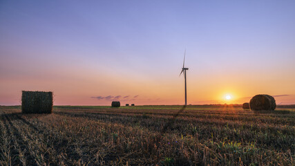 Turbina wiatrowa o wschodzie słońca. Turbina wiatrowa i belki słomy. Elektrownia wiatrowa na polu uprawnym. Czysta energia. Zielona energia.