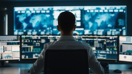 silhouette of a manager analyzing transportation data, routing software on multiple monitors