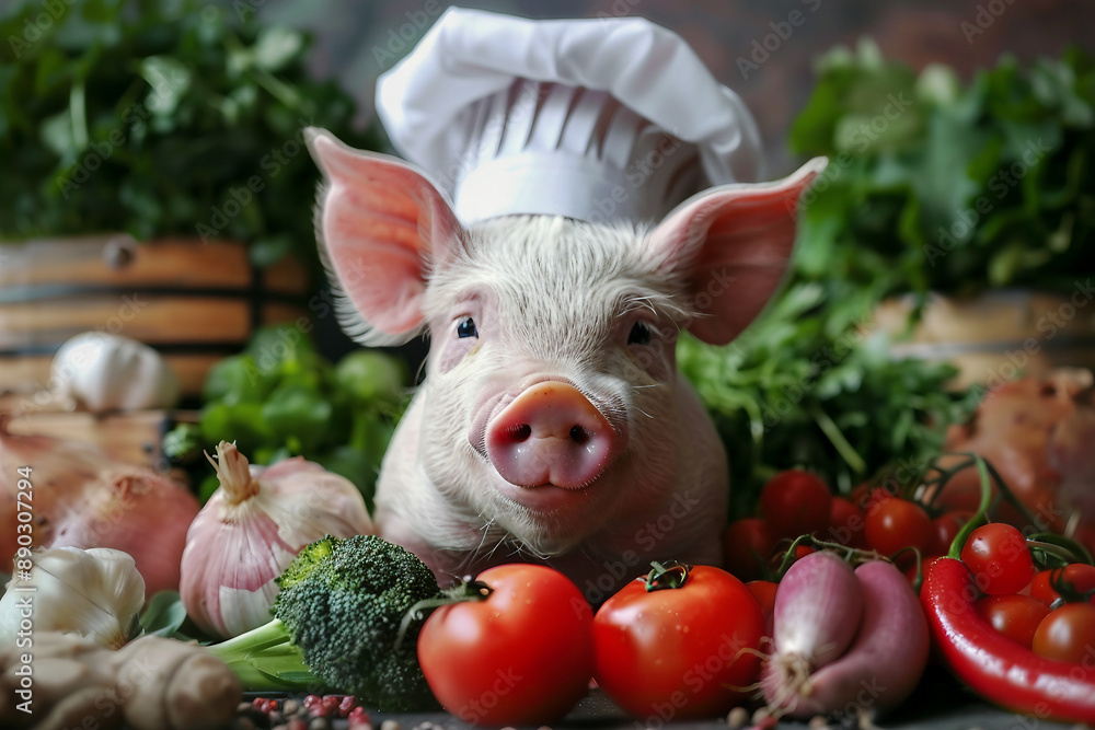 Poster created with generative ai image of pig animal working as culinary chef