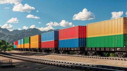 Obraz premium Efficient logistics scene with a dynamic freight train transporting brightly colored cargo containers