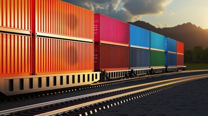 Fototapeta premium Efficient logistics scene with a dynamic freight train transporting brightly colored cargo containers