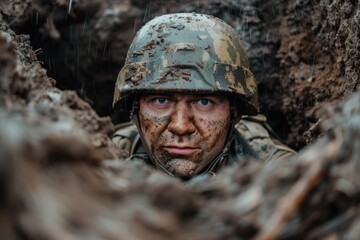 Fototapeta premium military man with a dirty face in a helmet and body armor in a trench in the rain. ai generative