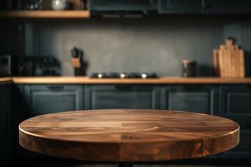 An empty round wooden table top on a dark kitchen, a simple blur dark stylish background