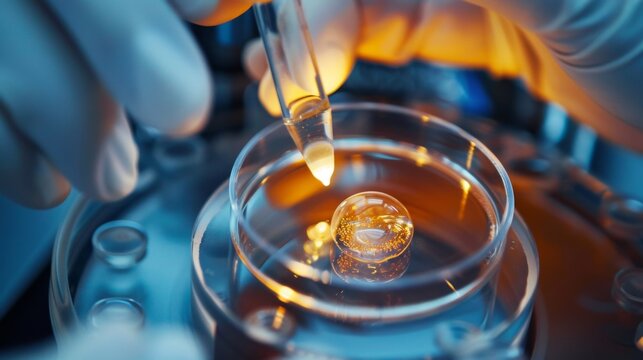 Close-up of the moment of embryo transfer, with the Scientis using specialized equipment to handle the test tube and embryo