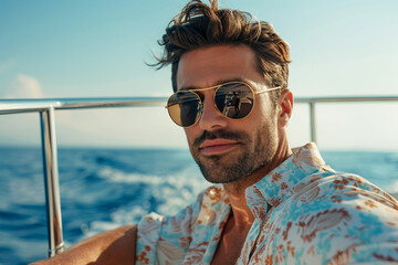 Luxury boat yacht shop cruise liner traveling through sea ocean teal water, Generative AI