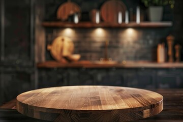 An empty round wooden table on a dark kitchen, a simple blur dark stylish background