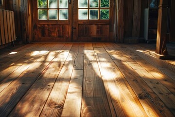 A beautifully crafted wooden floor, with rich grain patterns and a warm, natural color. sunlight streaming windows