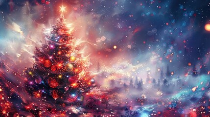 Enchanting Christmas tree illuminated with vibrant lights in a cosmic winter wonderland, capturing the essence of holiday spirit.