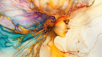 Enchanting Abstract Woman with Colorful Wing, Gold Accents, and Marble Hues – Dreamy Fantasy Art in Detailed Alcohol I