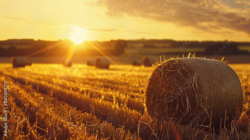 Sticker Hay Bales in Field at Sunset