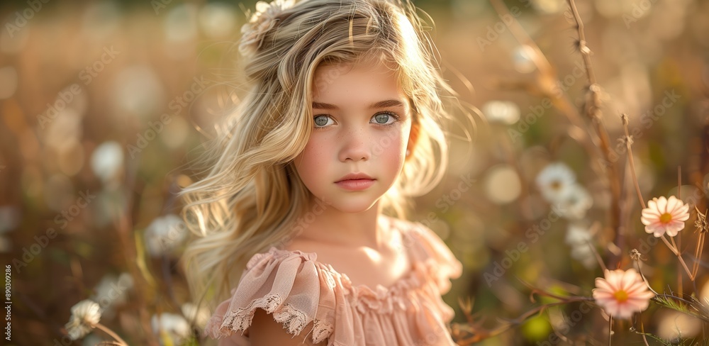 Wall mural young girl with blonde hair posing in a field of flowers at golden hour