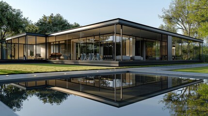 Obraz premium A modern, steel and glass house with a minimalist design, surrounded by a reflective pool and manicured lawn.
