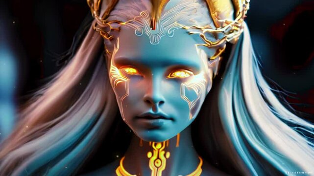 Highly Detailed Artwork of a Futuristic Character with Metallic Skin and Glowing Eyes, Adorned in Ornate Golden Headgear