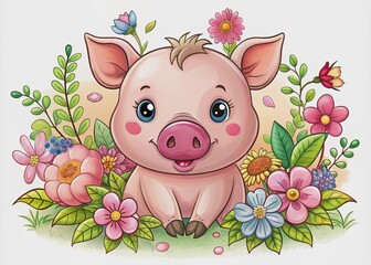Adorable pink pig cartoon character with curly tail and sweet expression, surrounded by colorful flowers and leaves, against a soft white background.