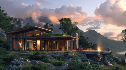 Generate a prompt for a photo realistic image of a mountain retreat modern home with natural materials and expansive views. Use high-quality images,realistic lighting to accentuate textures like stone