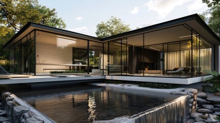 Obraz premium A modernist home with cantilevered sections, large glass walls, and a minimalist water feature.