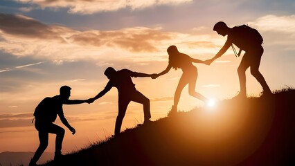 Silhouette of Friends Helping Each Other Climb a Hill - Celebrating Teamwork, Friendship, Support, and Motivation. Happy Friendship Day
