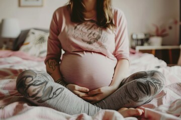 pregnant woman with pink shirt and gray leggings sitting on her bed, close up