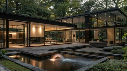 A modernist home with cantilevered sections, large glass walls, and a minimalist water feature.