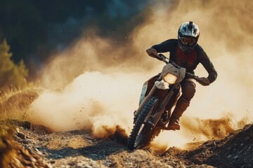 Rider biker Moto cross riding in mountain with dust. Extreme motocross sport