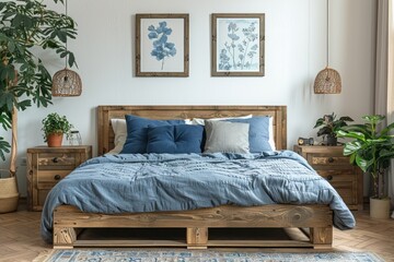 Obraz premium Rustic wooden bed with blue pillows and two bedside cabinets against white wall with posters frames