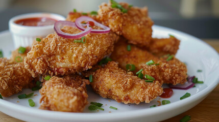 Fototapeta premium Fried chicken wings on a wooden table. Breaded, crispy fried Kentucky chicken, perfect for a tasty dinner.