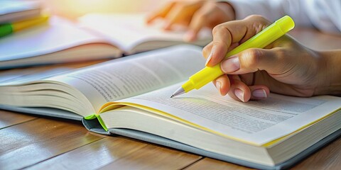A human hand carefully underlines important sentences in a thick textbook with a vibrant yellow highlighter, surrounded by scattered papers and notes.