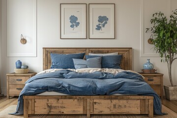 Rustic wooden bed with blue pillows and two bedside cabinets against white wall with posters frames