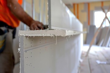 Sheets of drywall being installed in a new home, with a worker taping and mudding the seams