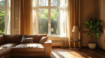 Fototapeta premium Curtain windows decorating the interior of a room, featuring a vintage light filter.