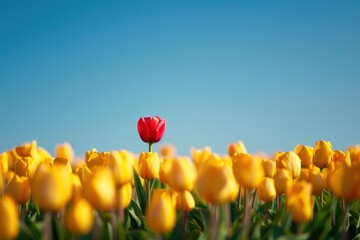 Single red tulip in bloom in a field with many yellow-orange tulips against a clear blue sky. Standing out from the crowd
