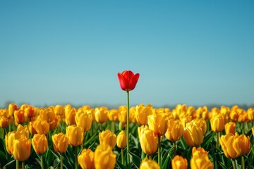 Single red tulip in bloom in a field with many yellow-orange tulips against a clear blue sky. Standing out from the crowd