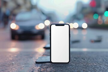Smartphone with mockup white screen on road with car accident blured background