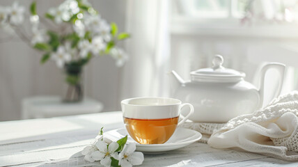 elegant cup and pot of jasmine tea on a white table.