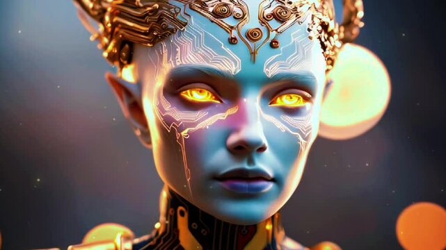 Fantastical Character with Metallic Skin and Glowing Golden Eyes, Wearing Intricate Golden Headgear, Against a Blurred Bokeh Background