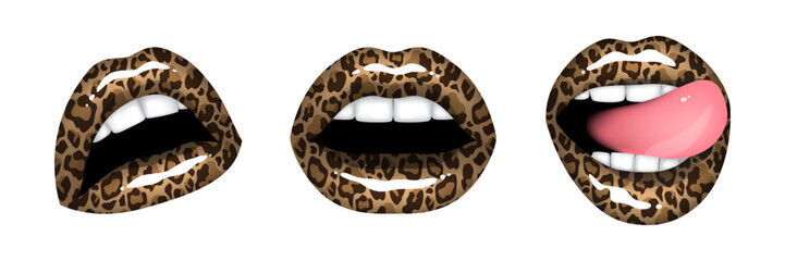 Beautiful sexy female lips with animal leopard pattern. Set of isolated vector illustrations