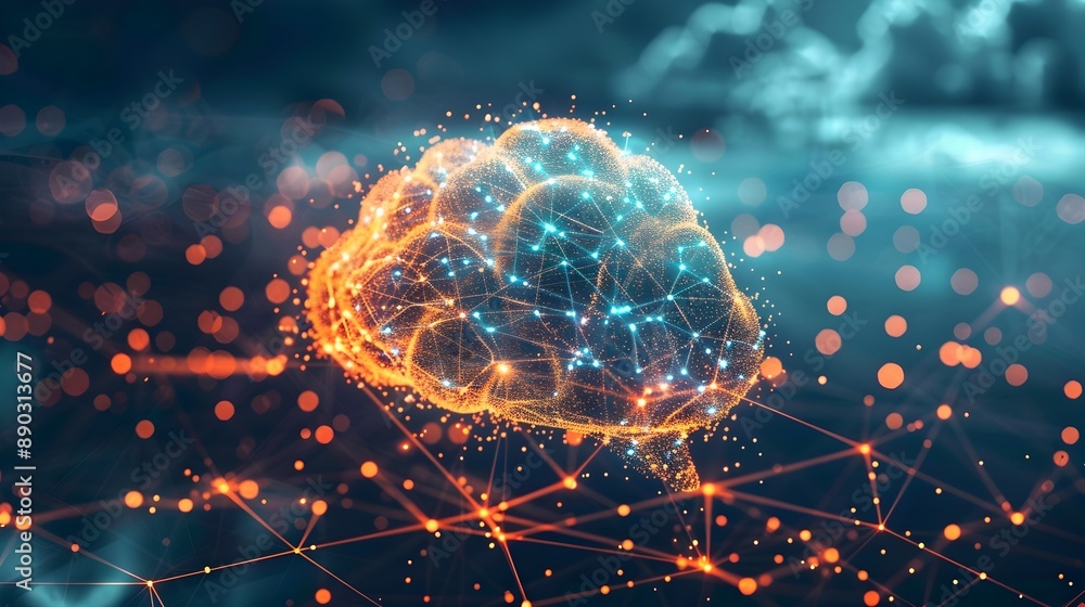 Poster intricate cloud based machine learning and neural network concept with glowing digital connections